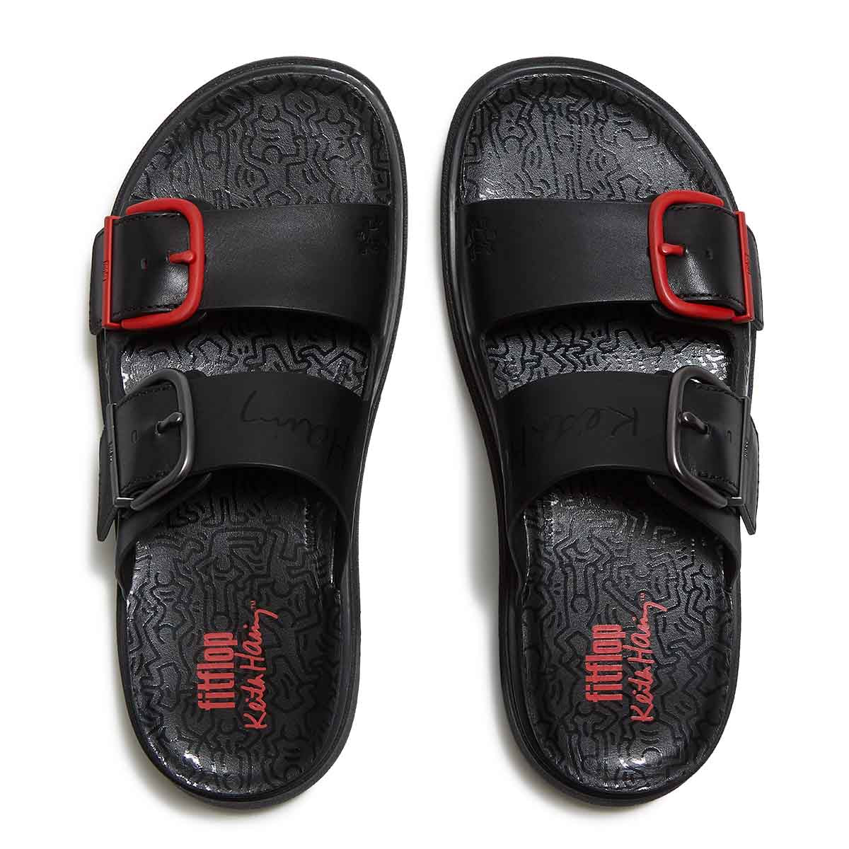 Fit Flop X Keith Haring Gen-FF Buckle 2-Bar Slides Black כפכפי פיטפלופ לנשים