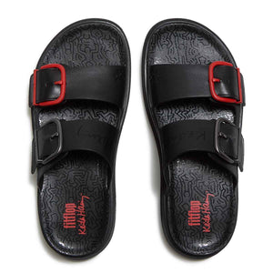 Fit Flop X Keith Haring Gen-FF Buckle 2-Bar Slides Black כפכפי פיטפלופ לנשים