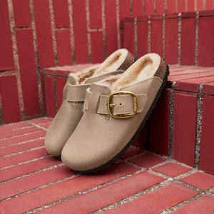 Birkenstock Boston Big Buckle Shearling Tabacco Brown כפכפי בירקנשטוק בוסטון פרווה לנשים