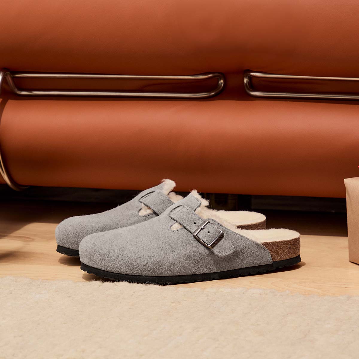 Birkenstock Boston Fell Stone Coin כפכפי בירקנשטוק בוסטון פרווה סטון