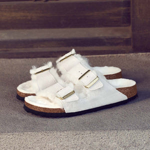 Birkenstock Arizona Shearling Antique White בירקנשטוק כפכפי נשים אריזונה עם פרווה