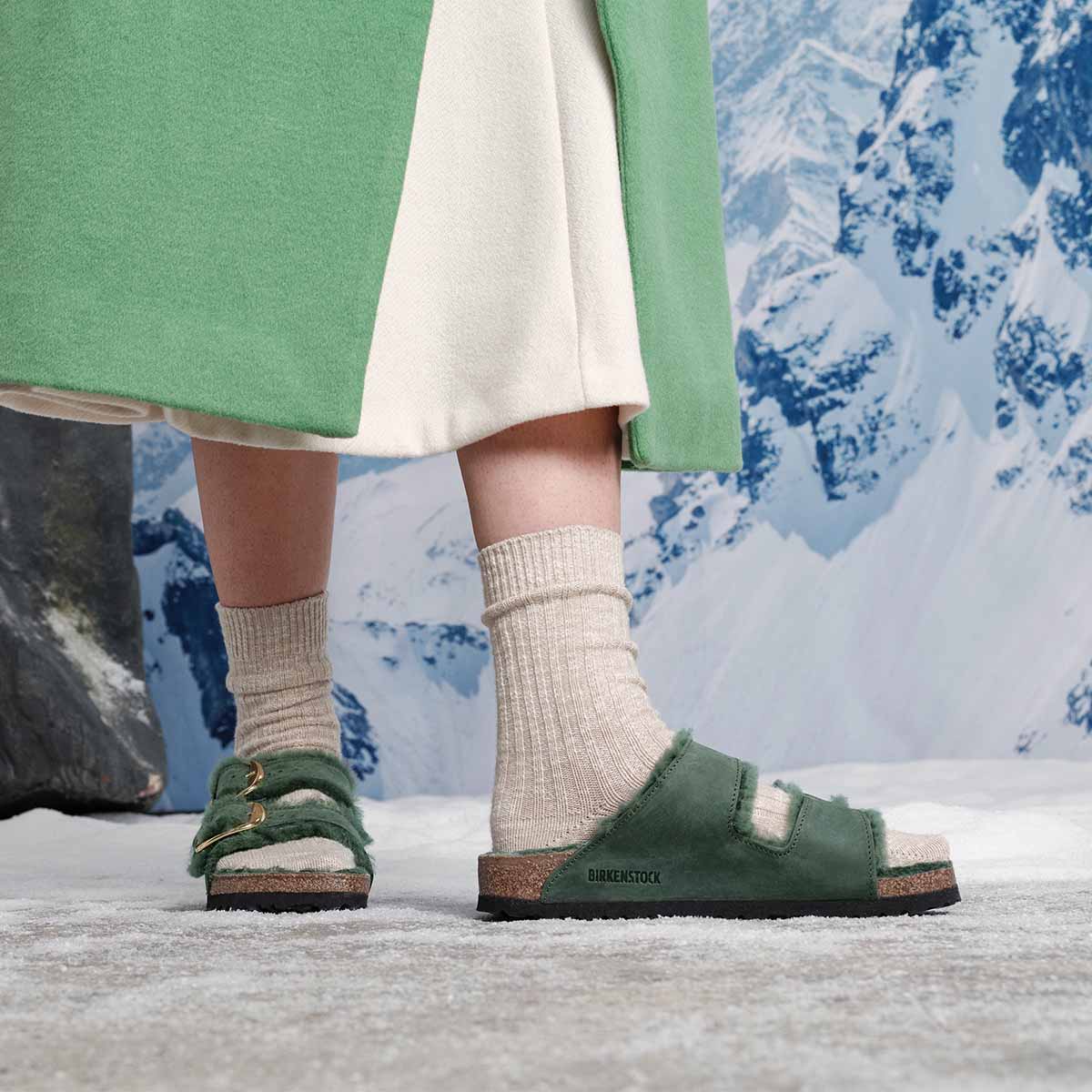 Birkenstock Arizona BB Shearling Thyme בירקנשטוק כפכפי נשים אריזונה אבזם גדול עם פרווה