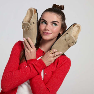 Birkenstock Boston Shearling Taupe כפכפי בירקנשטוק בוסטון פרווה טיופ לנשים