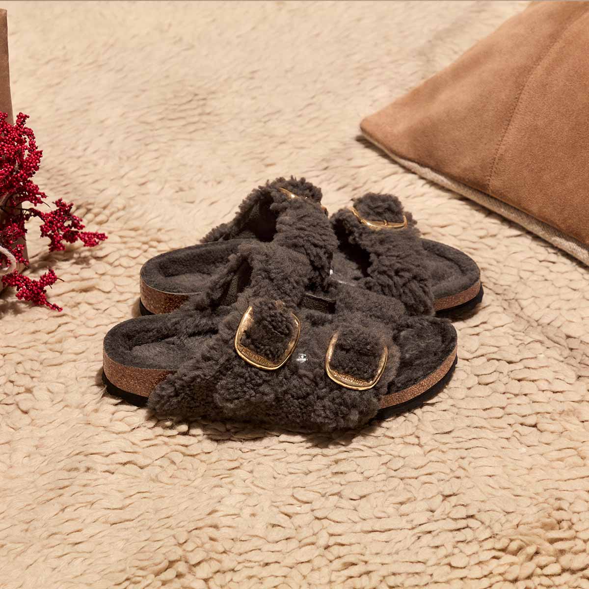 Birkenstock Arizona Big Buckle Teddy Concr Gray כפכפי נשים בירקנשטוק
