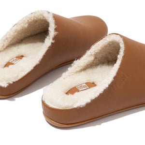 Fit Flop Chrissie Leather And Shearling Slippers Light Tan כפכפי פיט פלופ