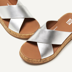 Fit Flop F-Mode Metallic Cork Flatform Cross Slides Silver כפכפי פיט פלופ