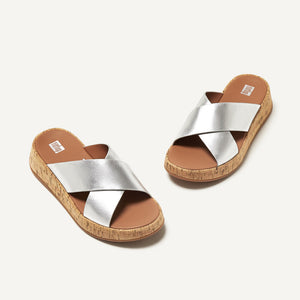 Fit Flop F-Mode Metallic Cork Flatform Cross Slides Silver כפכפי פיט פלופ