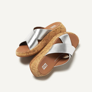 Fit Flop F-Mode Metallic Cork Flatform Cross Slides Silver כפכפי פיט פלופ