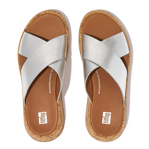 Fit Flop F-Mode Metallic Cork Flatform Cross Slides Silver כפכפי פיט פלופ