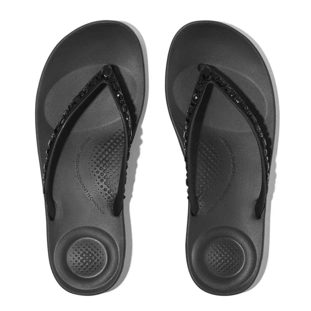 Fit Flop Iqushion Multi Crystal Ergonomic Flip Flops All Black אייקושין מולטי קריסטל שחור