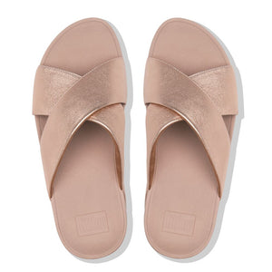 Fit Flop Lulu Cross Slide Sandals Leather Rose Gold כפכפי פיט פלופ