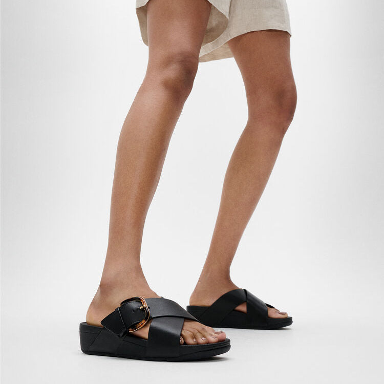 Fit Flop Lulu Resin Buckle Cross Slides פיט פלופ לולו אבזם קרוס שחור