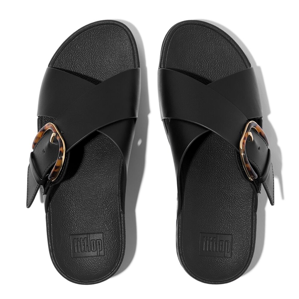 Fit Flop Lulu Resin Buckle Cross Slides פיט פלופ לולו אבזם קרוס שחור