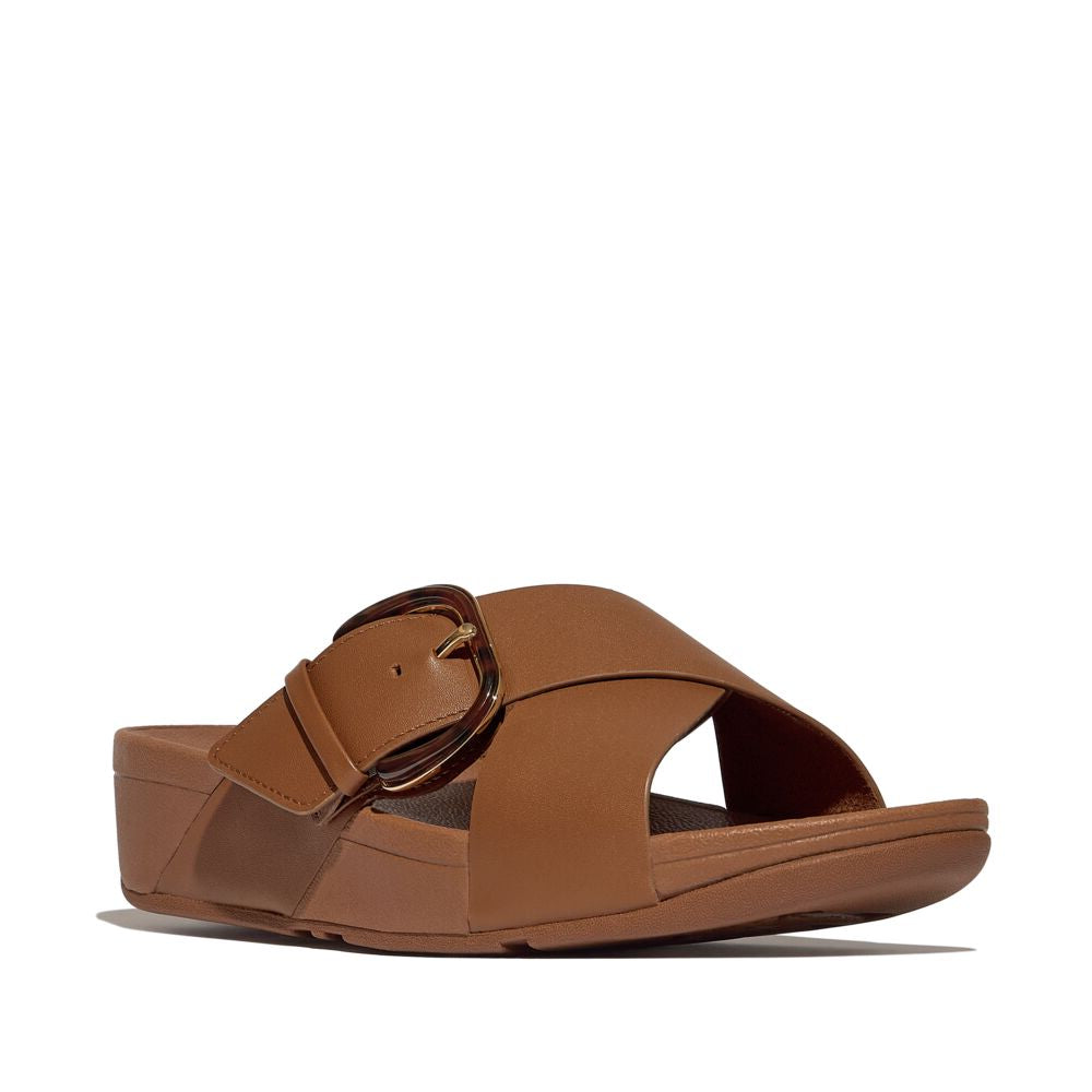 Fit Flop Lulu Resin Buckle Cross Slides פיט פלופ לולו אבזם קרוס חום