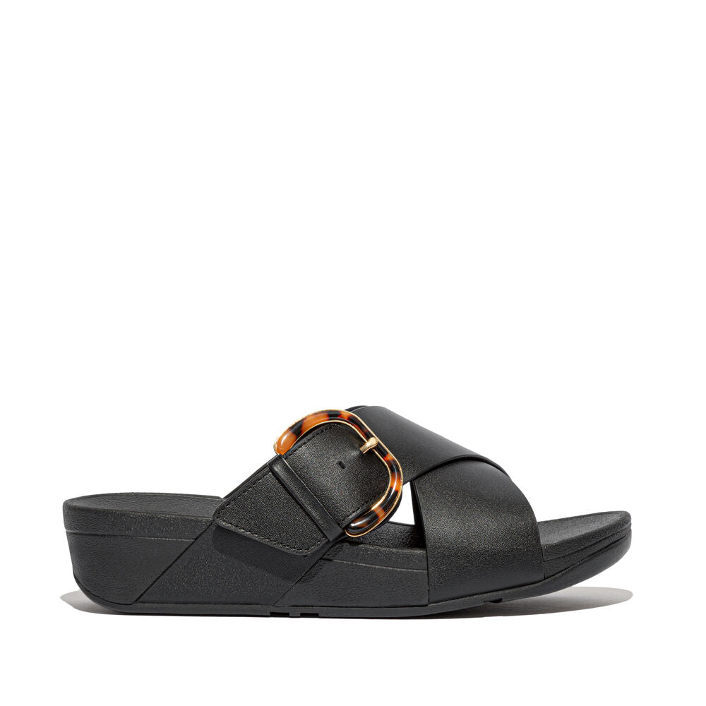 Fit Flop Lulu Resin Buckle Cross Slides פיט פלופ לולו אבזם קרוס שחור