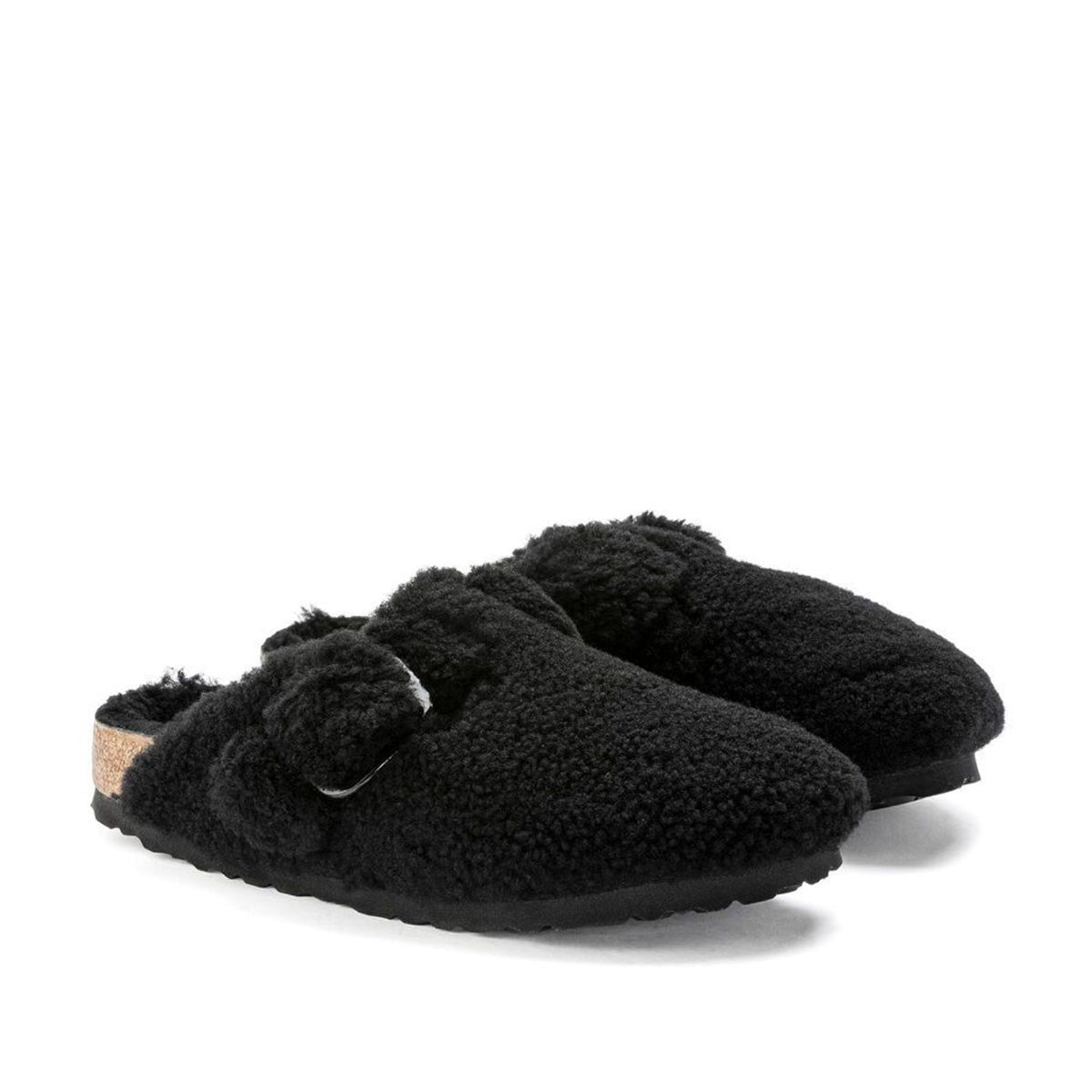 Birkenstock Boston Big Buckle Teddy Black בירקנשטוק בוסטון אבזם פרווה  נשים שחור