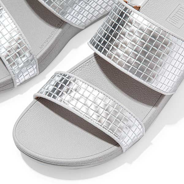 Olive Metallic Raffia Slides Silver - פיט פלופ  אוליב מטאלי סילבר
